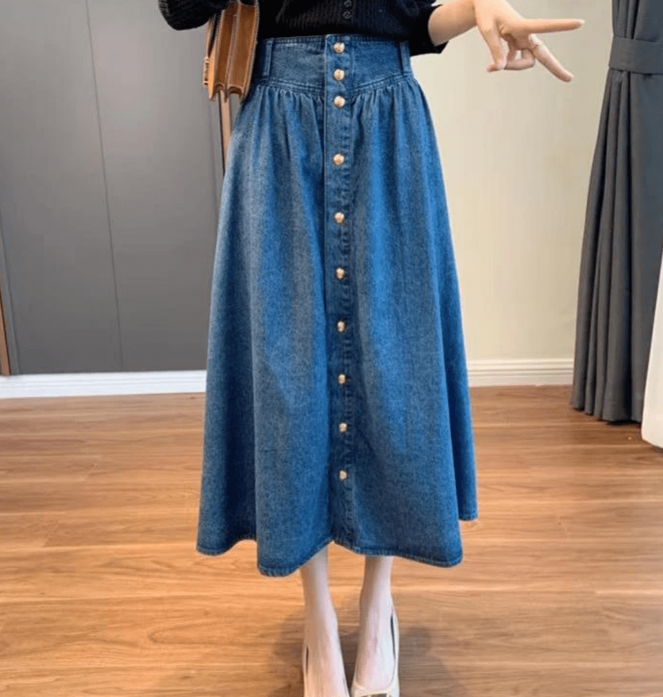 2022 Women's Button A-line Side Split High Waist Denim Skirt Office Lady  Black Blue Midi